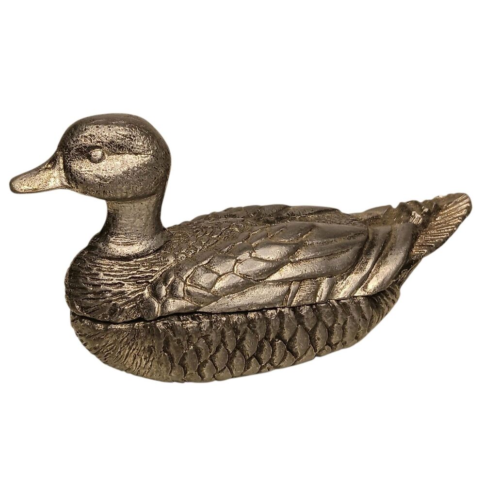 Vintage Miniature Duck Mallard Silver Pewter Trinket Box 1.5" x 3.75"